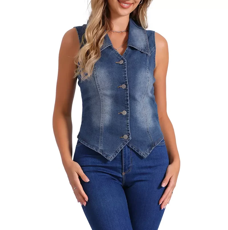 Women's Sleeveless Collared V Neck Button Down Waistcoat Corset Bustier Jean Jacket