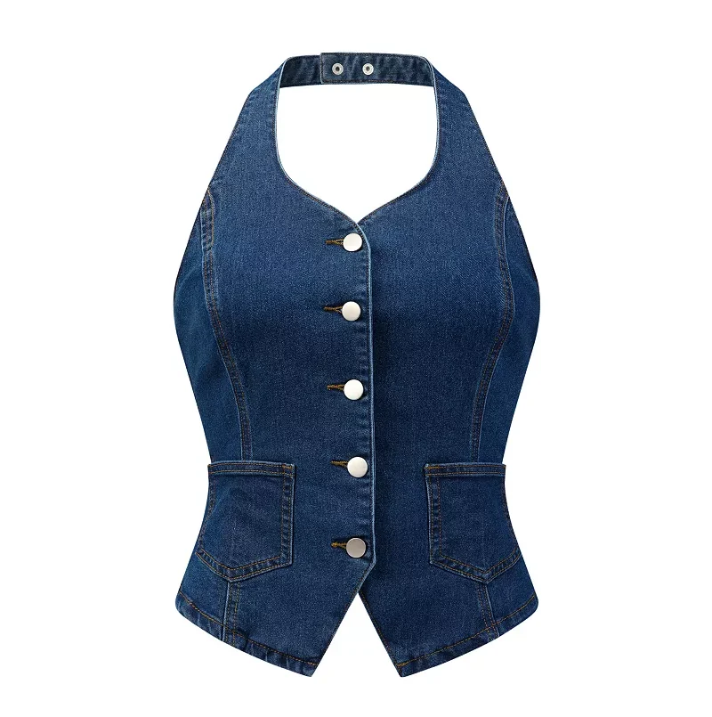 Women's Halter Neck Button Down Backless Jean Waistcoat