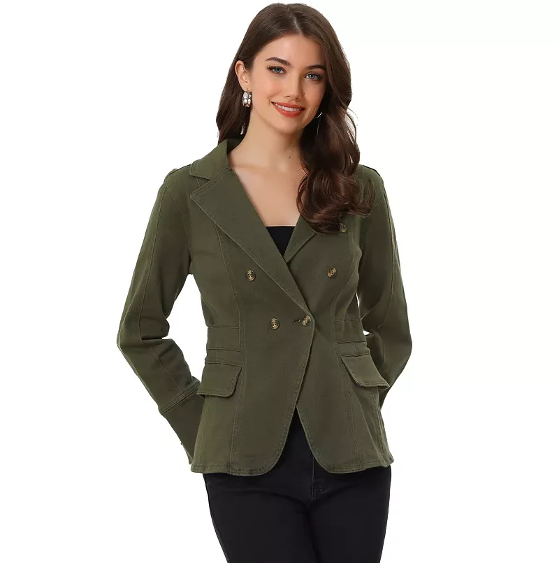 Women's Notched Lapel Long Sleeve Button Denim Jacket