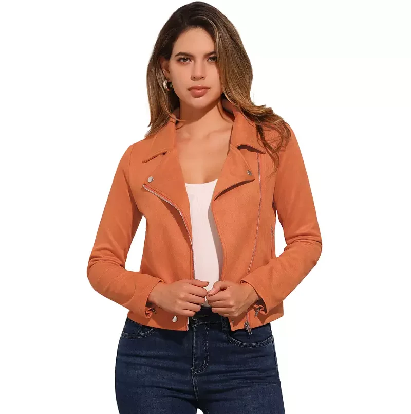 Women's Fashion Faux Suede Jacket Long Sleeve Zip Up Moto Biker Jackets