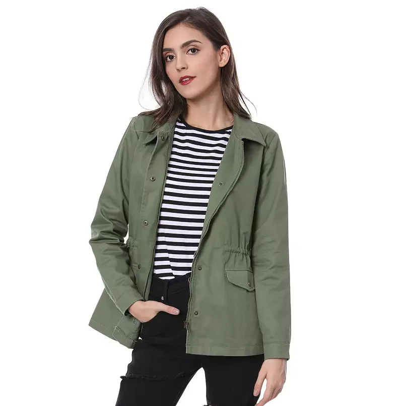 Women's Fashion Solid Drawstring Waist Flap Pocket Utility Jacket