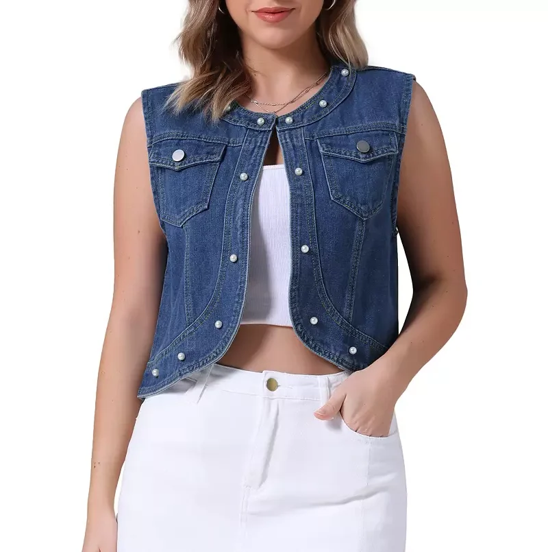 Women's Fashion Cropped Denim Cardigan Sleeveless Decor Pearl Jean Jacket Shrug