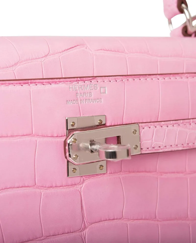 Women's Fashion Hermes Bubblegum 5P Matte Alligator Retourne Kelly 25cm Palladium Hardware - Image 6
