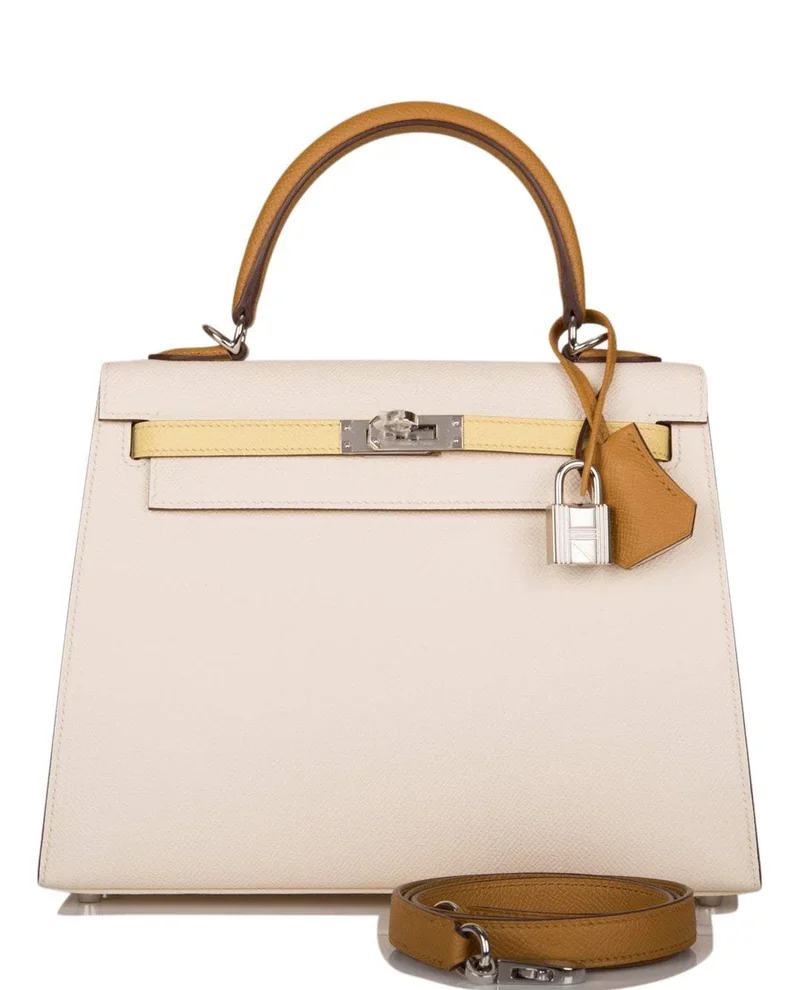 Women's Fashion Hermes Kelly 25cm Epsom Sellier Tri-Color Nata, Jaune Poussin and Sesame Palladium Hardware