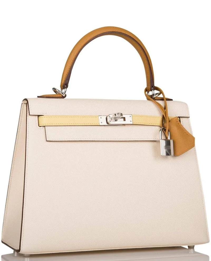 Women's Fashion Hermes Kelly 25cm Epsom Sellier Tri-Color Nata, Jaune Poussin and Sesame Palladium Hardware - Image 4