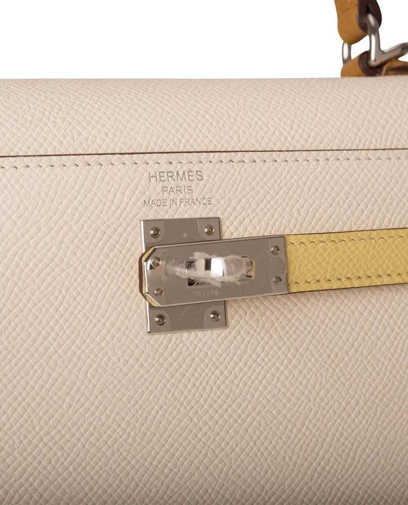 Women's Fashion Hermes Kelly 25cm Epsom Sellier Tri-Color Nata, Jaune Poussin and Sesame Palladium Hardware - Image 8