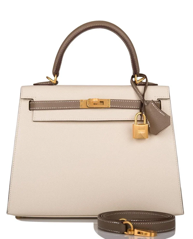 Women's Fashion Hermes Kelly 25cm Bi-Color Craie and Etoupe Epsom Sellier Brushed Gold Hardware