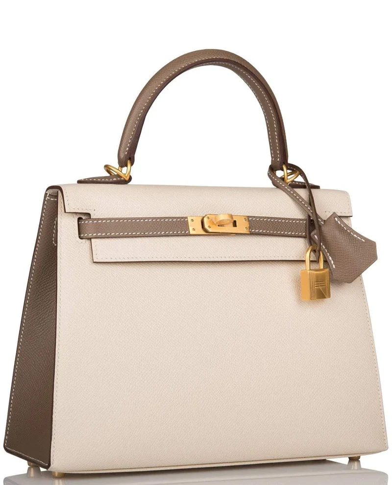 Women's Fashion Hermes Kelly 25cm Bi-Color Craie and Etoupe Epsom Sellier Brushed Gold Hardware - Image 2