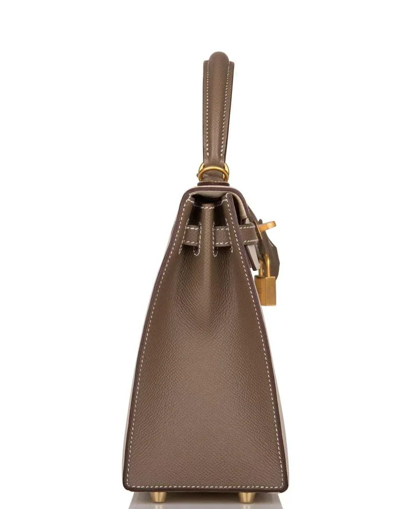 Women's Fashion Hermes Kelly 25cm Bi-Color Craie and Etoupe Epsom Sellier Brushed Gold Hardware - Image 4
