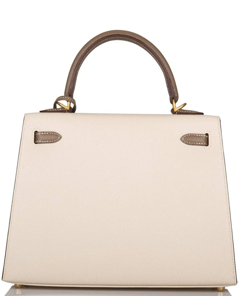 Women's Fashion Hermes Kelly 25cm Bi-Color Craie and Etoupe Epsom Sellier Brushed Gold Hardware - Image 3