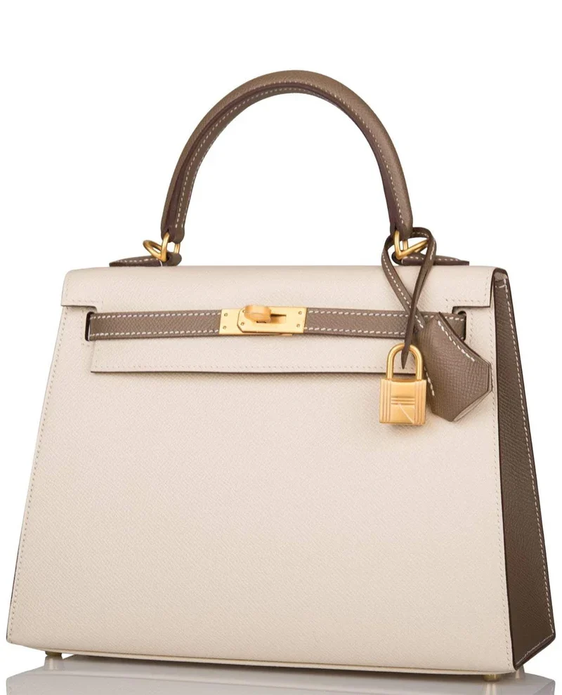 Women's Fashion Hermes Kelly 25cm Bi-Color Craie and Etoupe Epsom Sellier Brushed Gold Hardware - Image 5