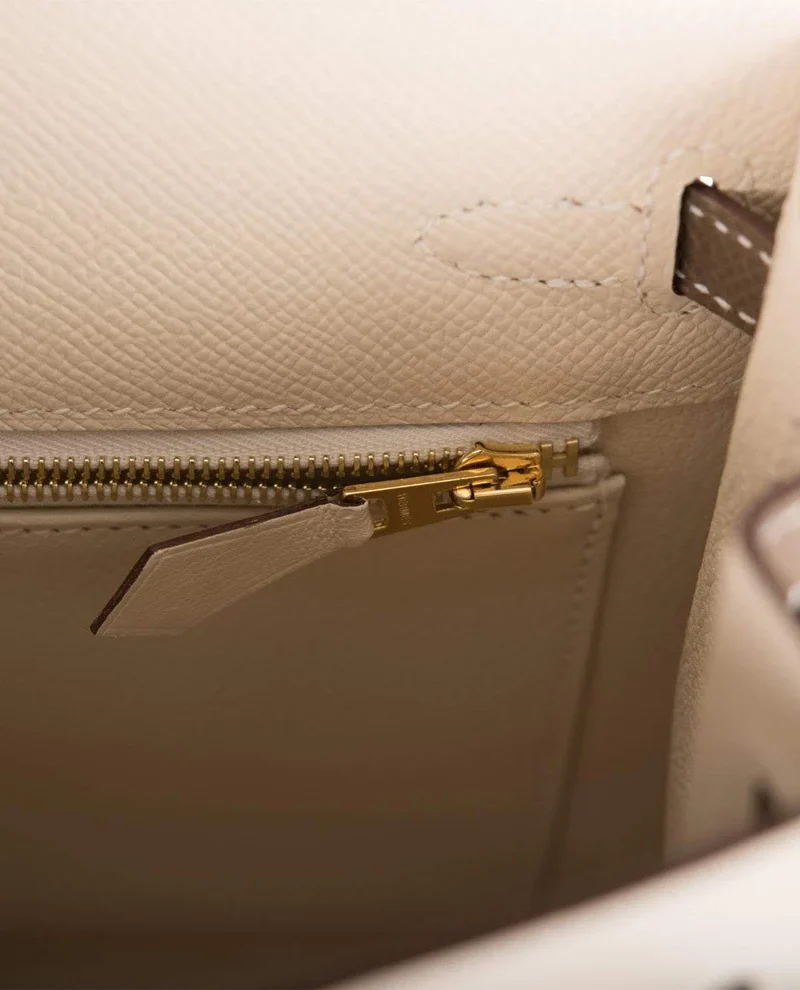 Women's Fashion Hermes Kelly 25cm Bi-Color Craie and Etoupe Epsom Sellier Brushed Gold Hardware - Image 8